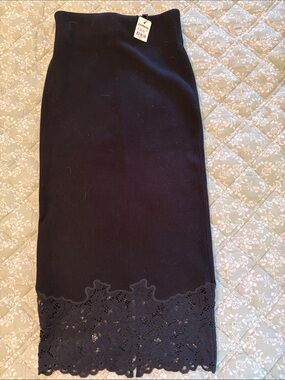 Express Black Midi Knit Skirt with Lace Trim